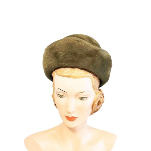 Dark Olive Green 1960s Vintage Hat With A Wide Turned Up Brim With Scallops Sm main image 6